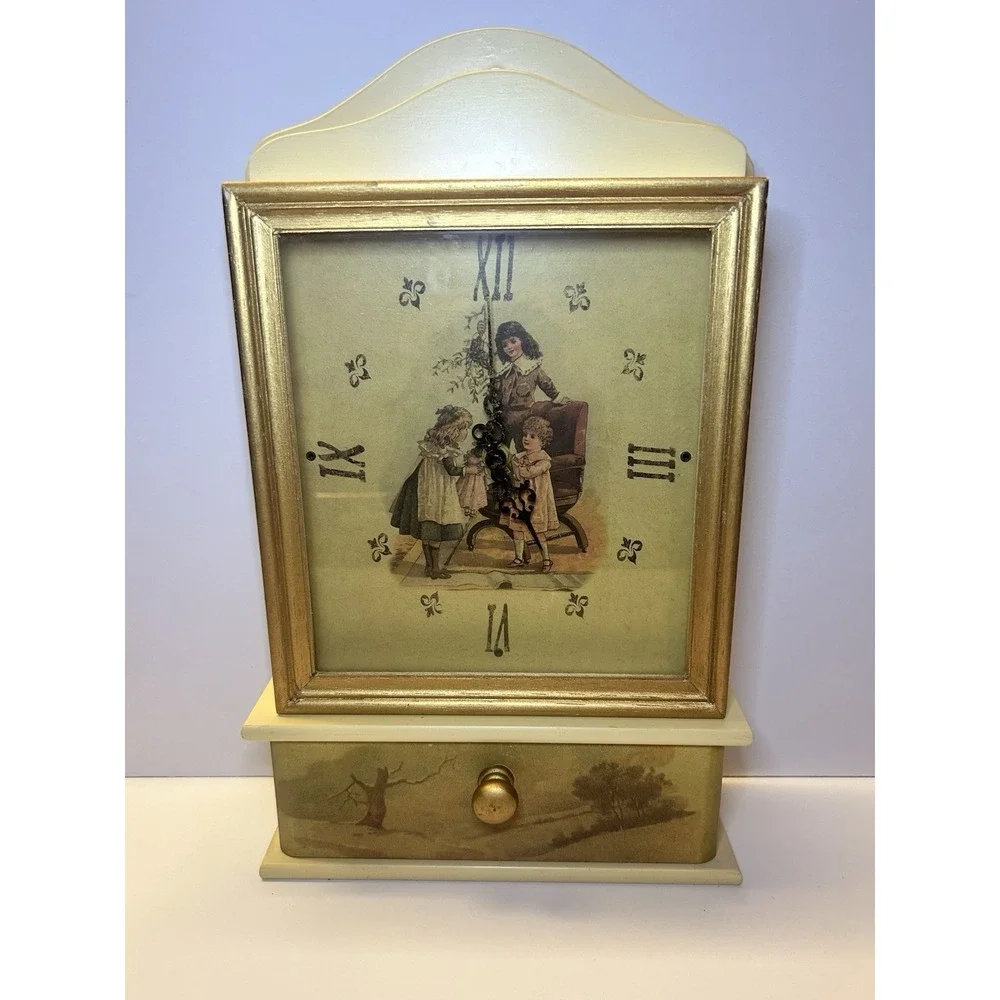 Vintage Victorian Style Wood Wall Clock Key Cabinet‎ Storage Drawer Cream Gold